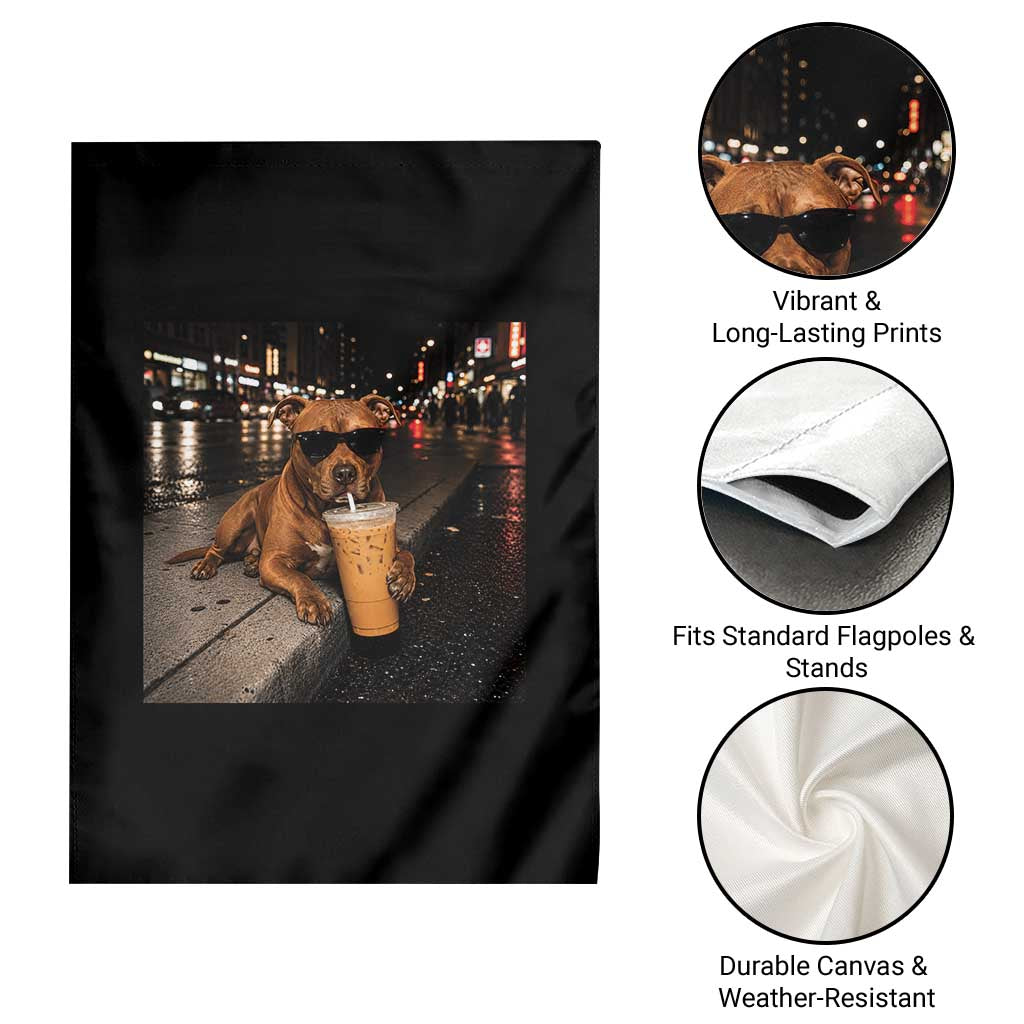Funny Pitbull Drinking Iced Coffee Garden Flag Vintage Pittie Dog Lovers Meme