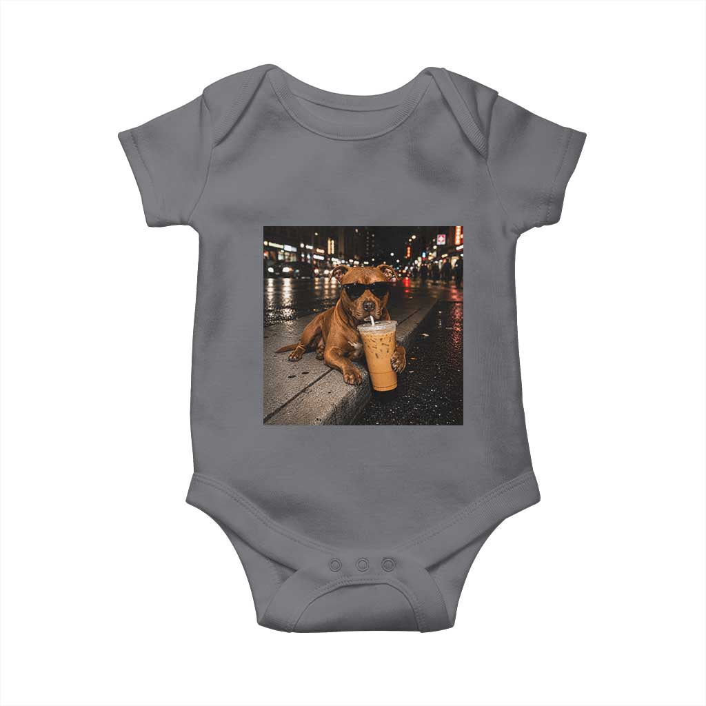 Funny Pitbull Drinking Iced Coffee Baby Onesie Vintage Pittie Dog Lovers Meme