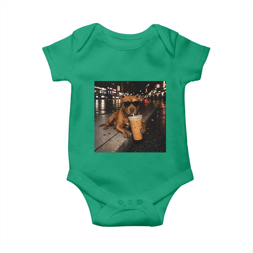 Funny Pitbull Drinking Iced Coffee Baby Onesie Vintage Pittie Dog Lovers Meme