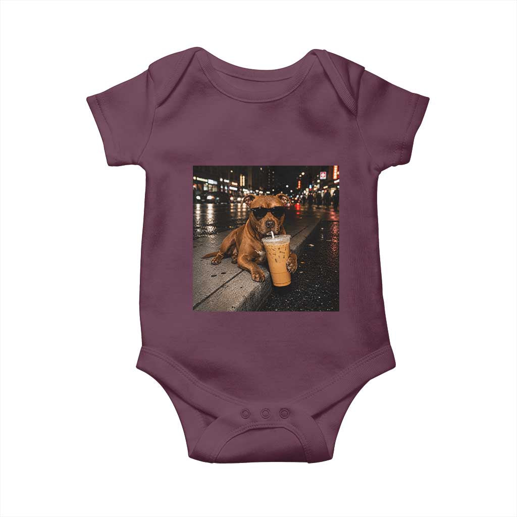 Funny Pitbull Drinking Iced Coffee Baby Onesie Vintage Pittie Dog Lovers Meme