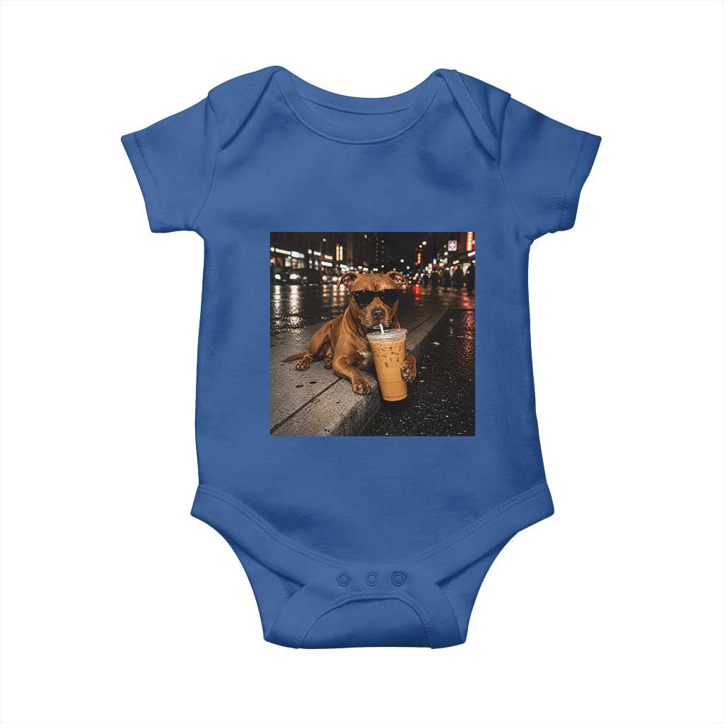 Funny Pitbull Drinking Iced Coffee Baby Onesie Vintage Pittie Dog Lovers Meme