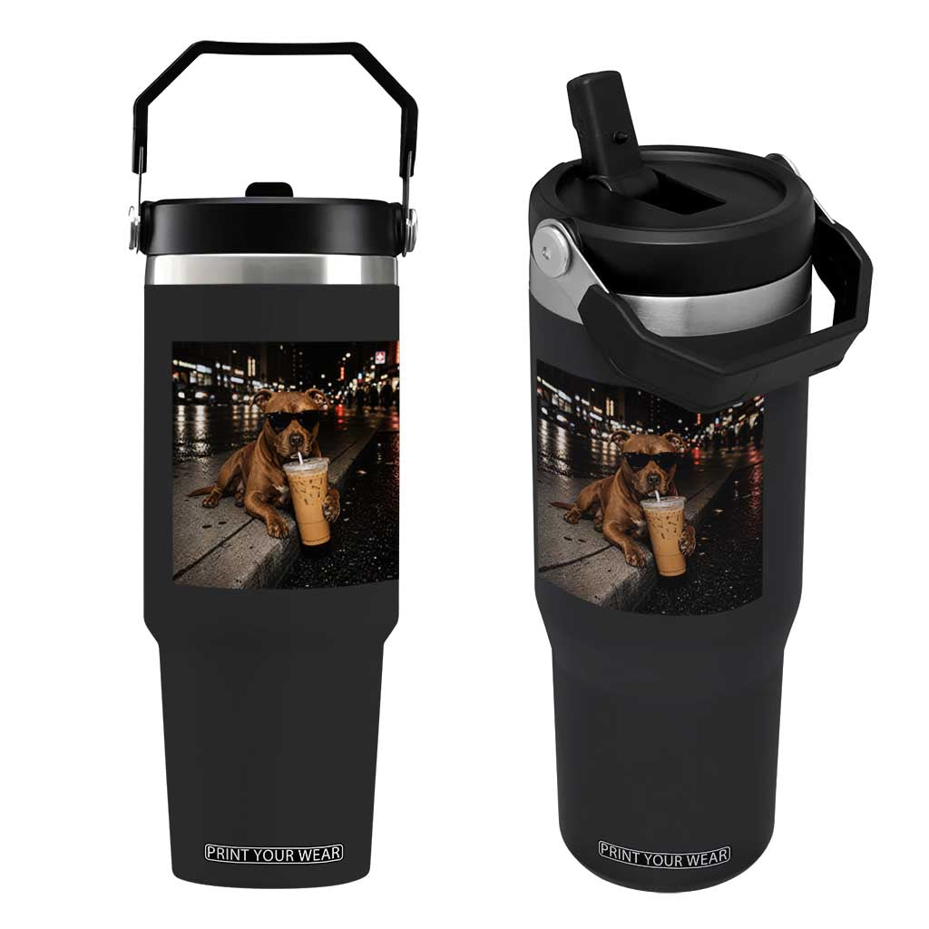 Funny Pitbull Drinking Iced Coffee Flip Straw Tumbler Vintage Pittie Dog Lovers Meme