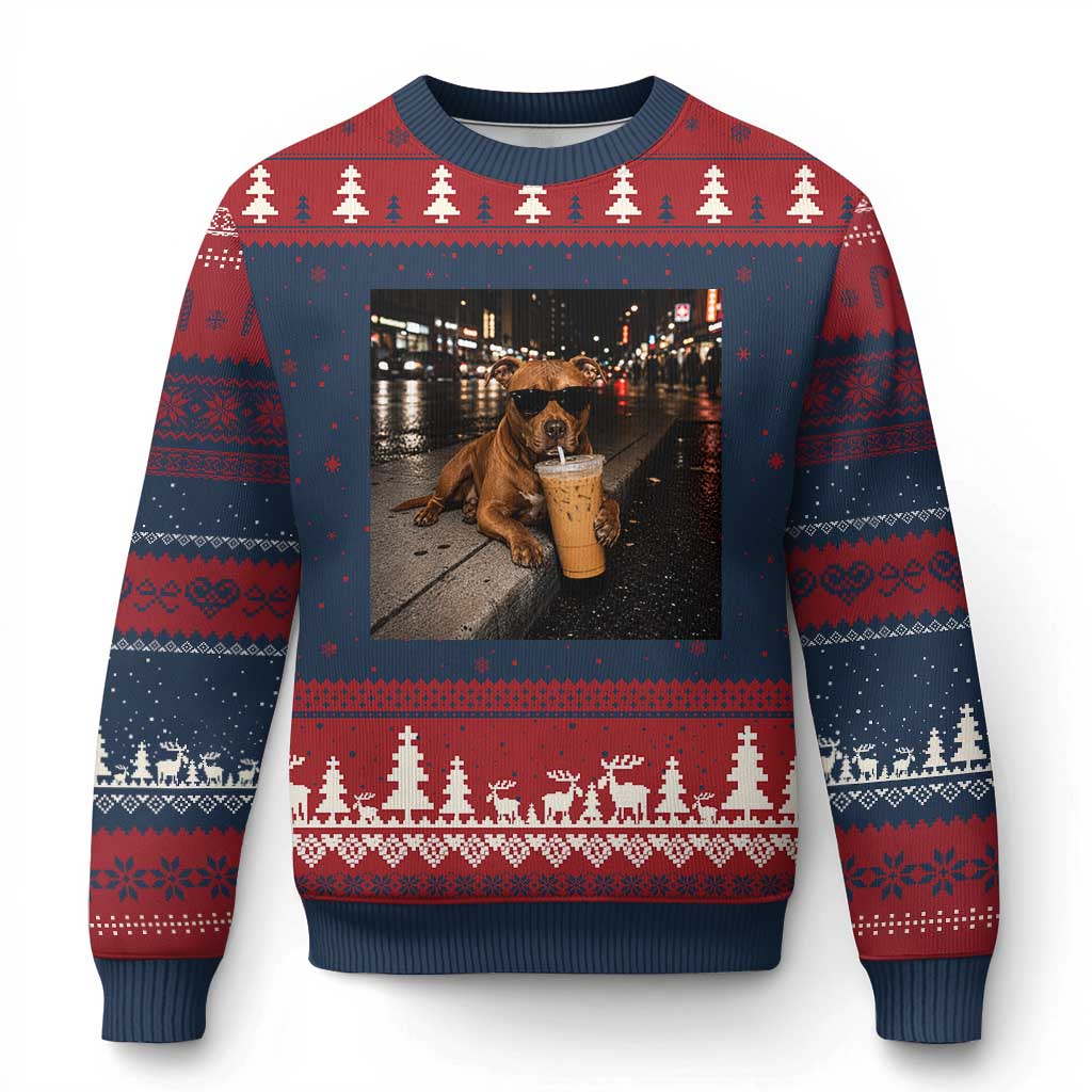 Funny Pitbull Drinking Iced Coffee Ugly Christmas Sweater Vintage Pittie Dog Lovers Meme TS10 Navy Red Print Your Wear