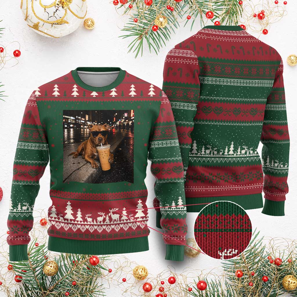 Funny Pitbull Drinking Iced Coffee Ugly Christmas Sweater Vintage Pittie Dog Lovers Meme