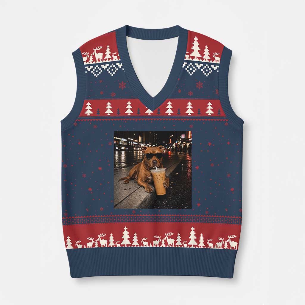 Funny Pitbull Drinking Iced Coffee V-Neck Knit Sweater Vest Vintage Pittie Dog Lovers Meme TS10 Navy Red Print Your Wear