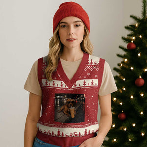 Funny Pitbull Drinking Iced Coffee V-Neck Knit Sweater Vest Vintage Pittie Dog Lovers Meme