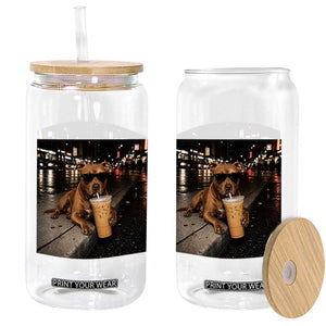 Funny Pitbull Drinking Iced Coffee Glass Can Vintage Pittie Dog Lovers Meme