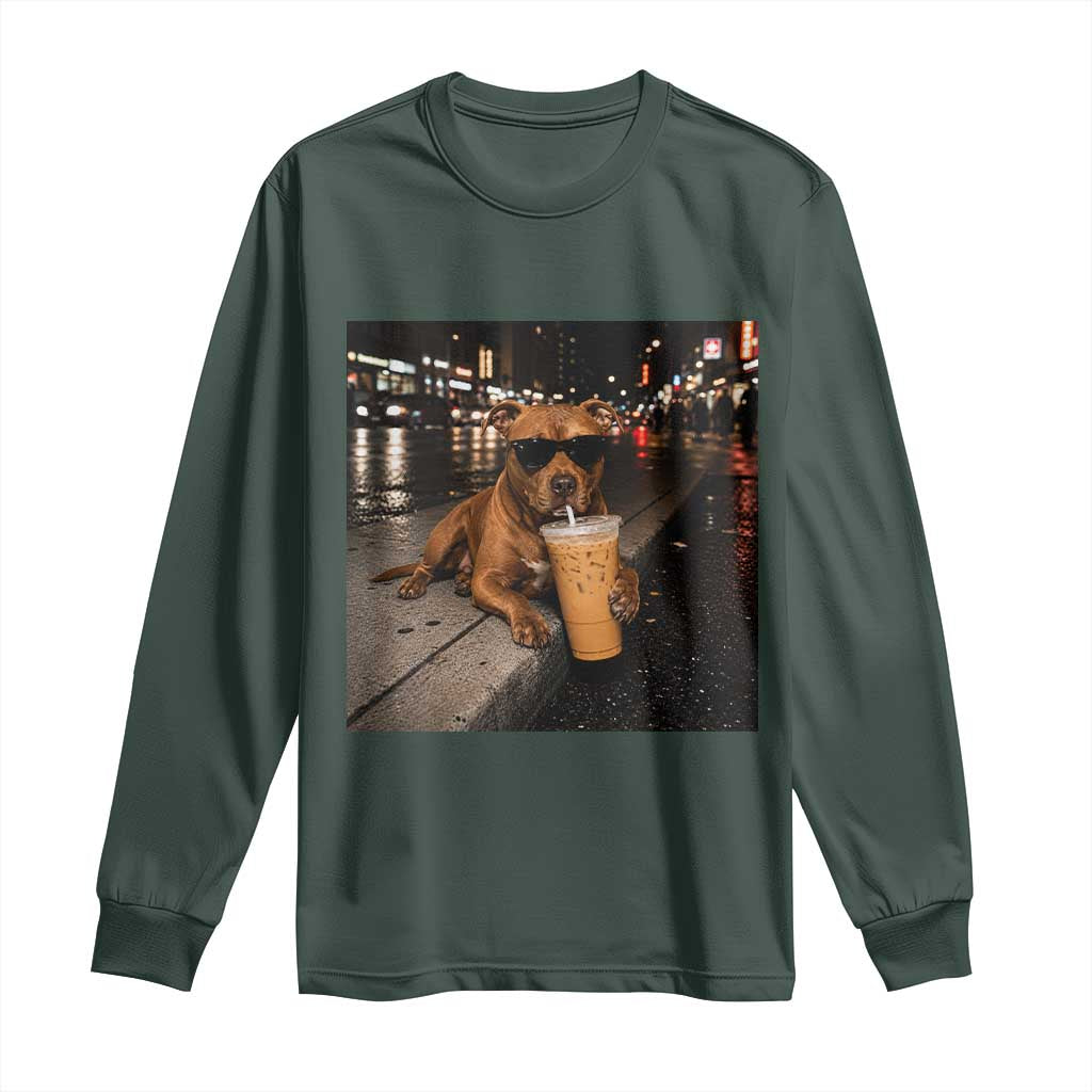 Funny Pitbull Drinking Iced Coffee Long Sleeve Shirt Vintage Pittie Dog Lovers Meme