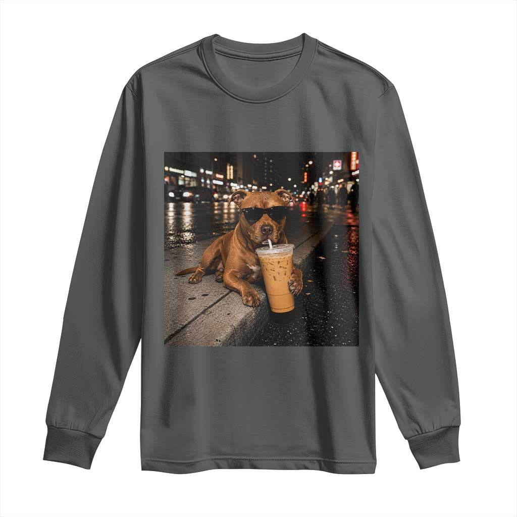 Funny Pitbull Drinking Iced Coffee Long Sleeve Shirt Vintage Pittie Dog Lovers Meme