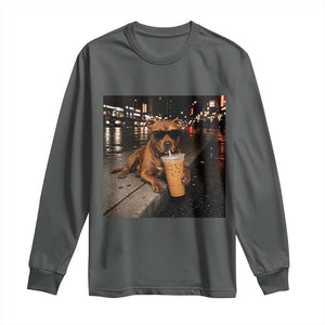Funny Pitbull Drinking Iced Coffee Long Sleeve Shirt Vintage Pittie Dog Lovers Meme