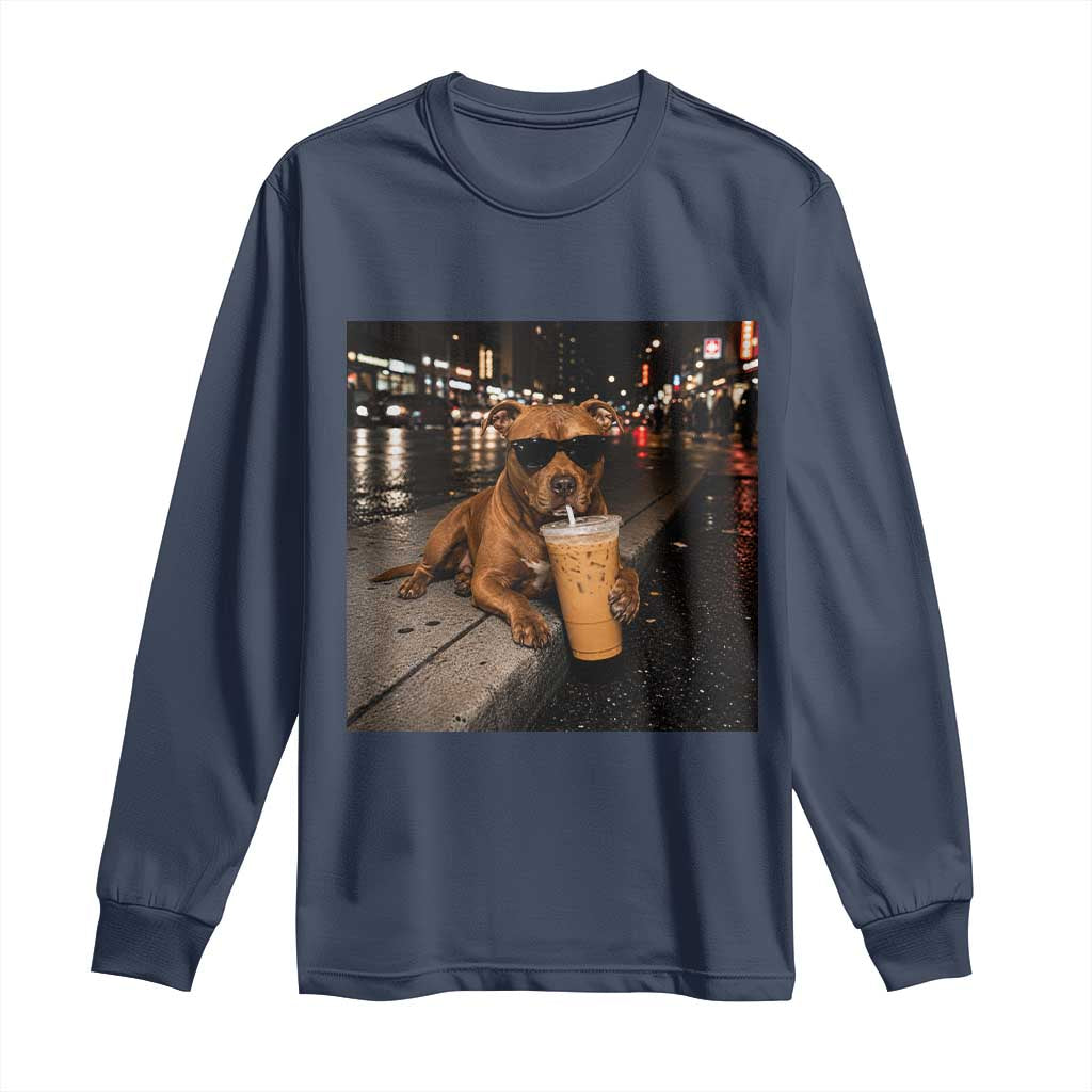 Funny Pitbull Drinking Iced Coffee Long Sleeve Shirt Vintage Pittie Dog Lovers Meme