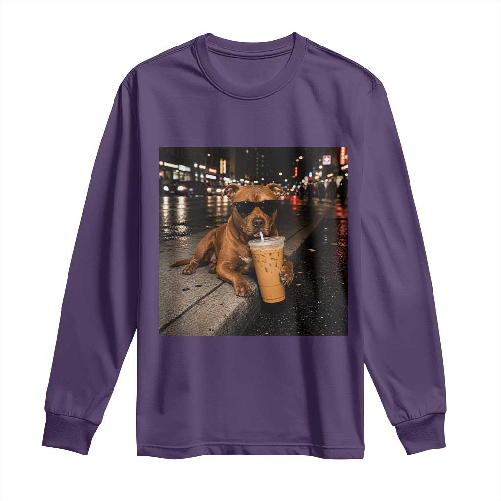 Funny Pitbull Drinking Iced Coffee Long Sleeve Shirt Vintage Pittie Dog Lovers Meme