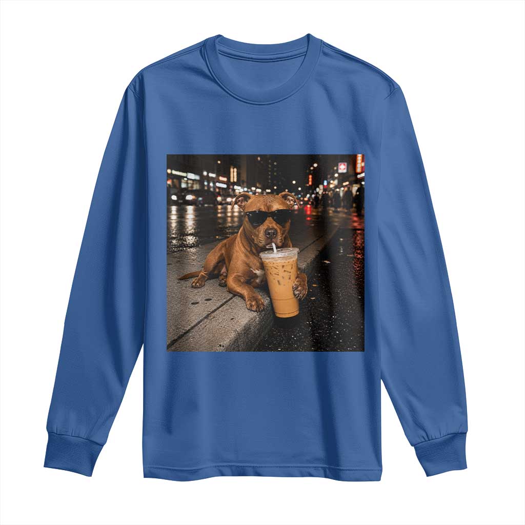 Funny Pitbull Drinking Iced Coffee Long Sleeve Shirt Vintage Pittie Dog Lovers Meme