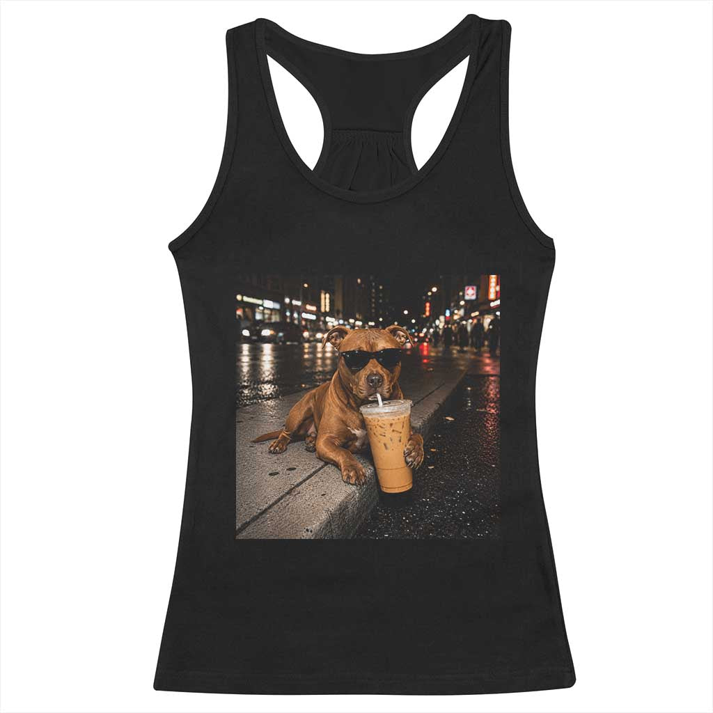 Funny Pitbull Drinking Iced Coffee Racerback Tank Top Vintage Pittie Dog Lovers Meme