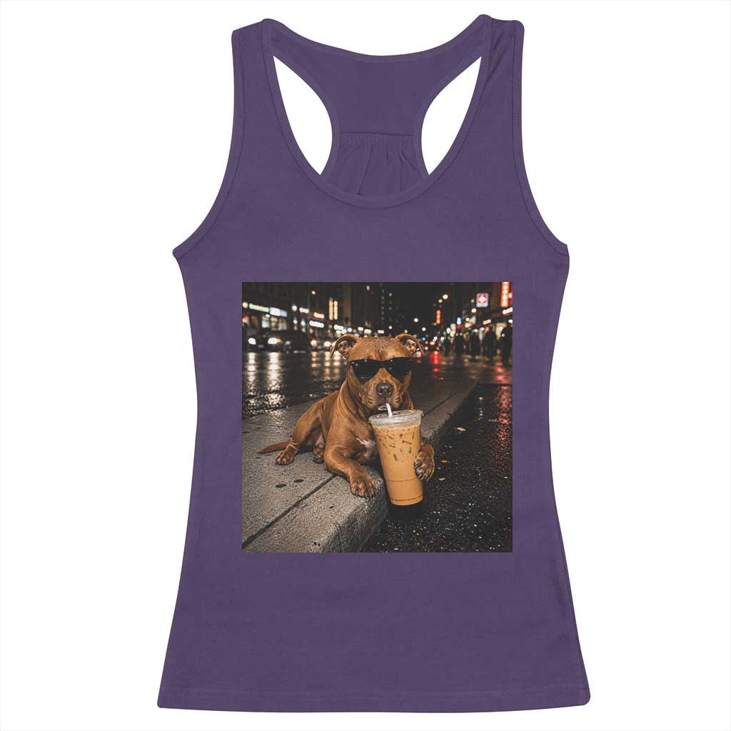 Funny Pitbull Drinking Iced Coffee Racerback Tank Top Vintage Pittie Dog Lovers Meme