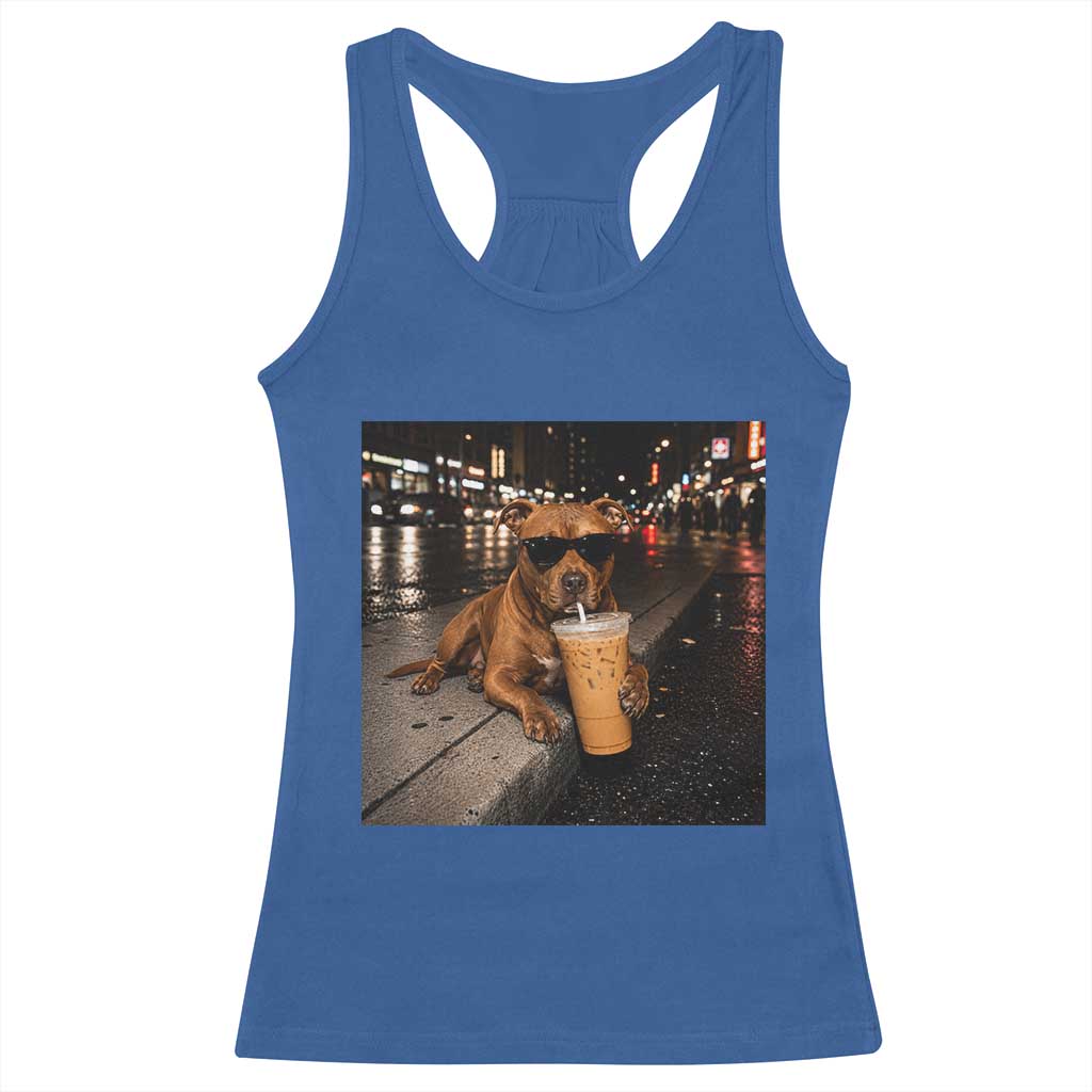 Funny Pitbull Drinking Iced Coffee Racerback Tank Top Vintage Pittie Dog Lovers Meme