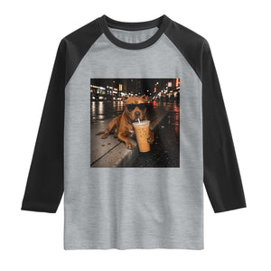Funny Pitbull Drinking Iced Coffee Raglan Shirt Vintage Pittie Dog Lovers Meme
