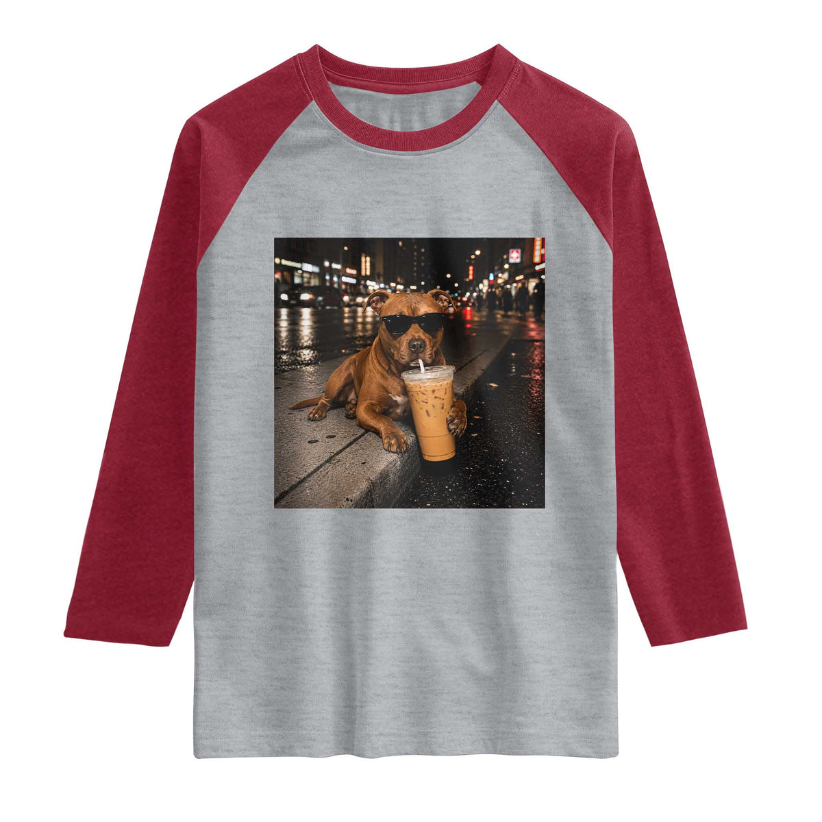 Funny Pitbull Drinking Iced Coffee Raglan Shirt Vintage Pittie Dog Lovers Meme