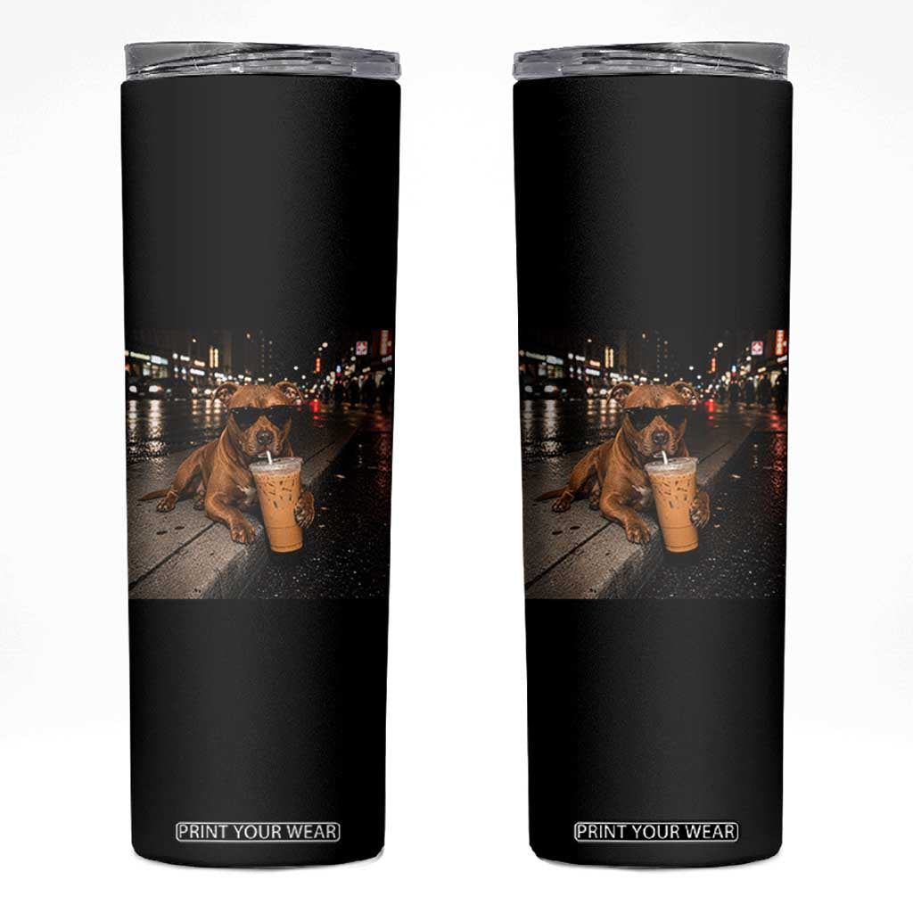 Funny Pitbull Drinking Iced Coffee Skinny Tumbler Vintage Pittie Dog Lovers Meme TS10 Black Print Your Wear