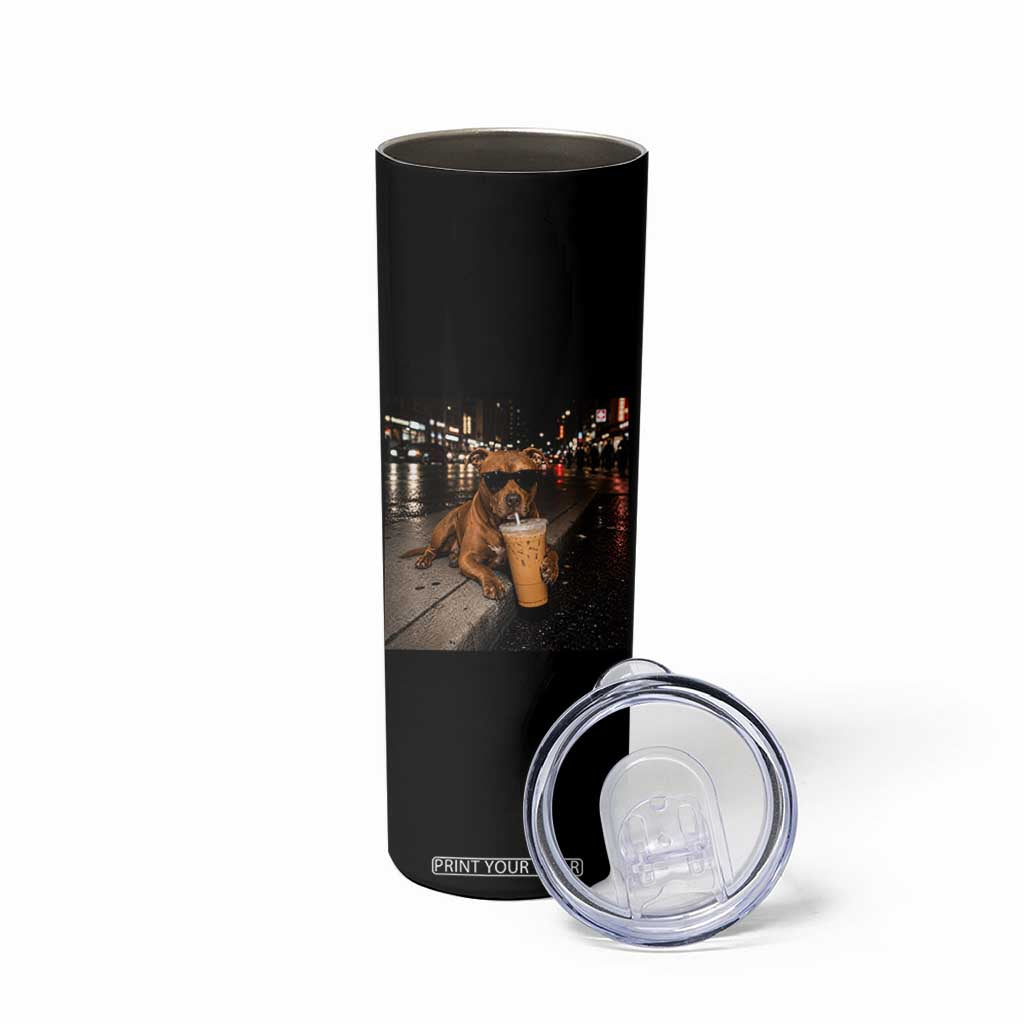 Funny Pitbull Drinking Iced Coffee Skinny Tumbler Vintage Pittie Dog Lovers Meme