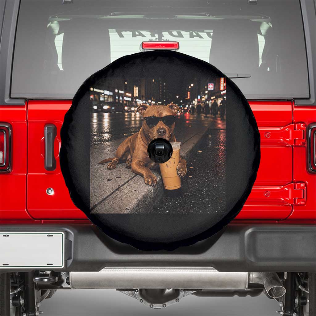 Funny Pitbull Drinking Iced Coffee Spare Tire Cover Vintage Pittie Dog Lovers Meme