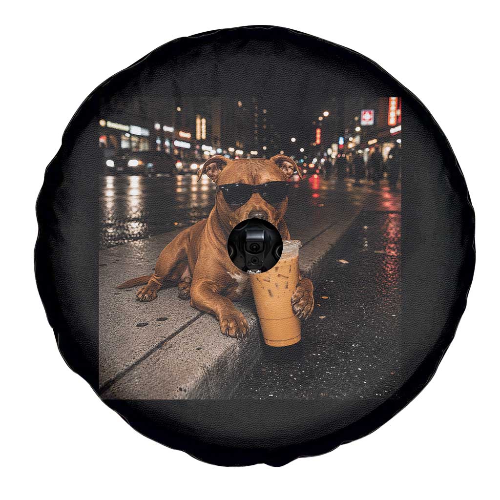 Funny Pitbull Drinking Iced Coffee Spare Tire Cover Vintage Pittie Dog Lovers Meme