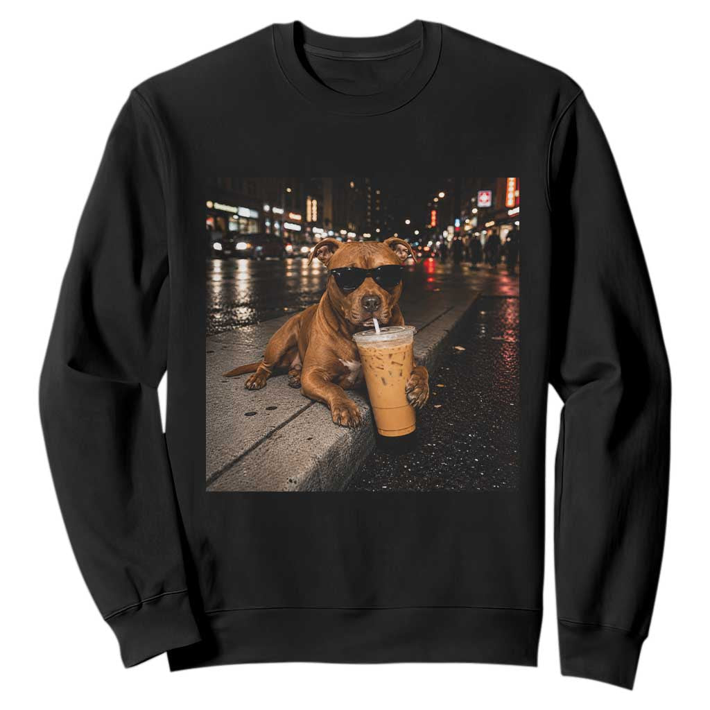 Funny Pitbull Drinking Iced Coffee Sweatshirt Vintage Pittie Dog Lovers Meme