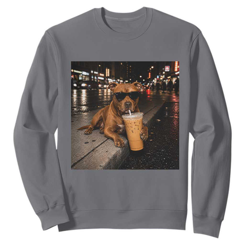 Funny Pitbull Drinking Iced Coffee Sweatshirt Vintage Pittie Dog Lovers Meme