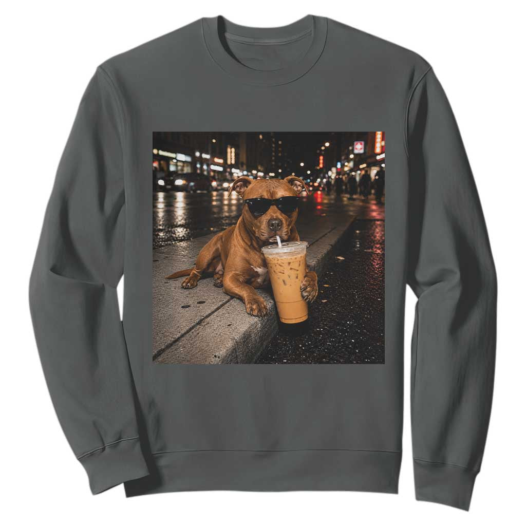 Funny Pitbull Drinking Iced Coffee Sweatshirt Vintage Pittie Dog Lovers Meme