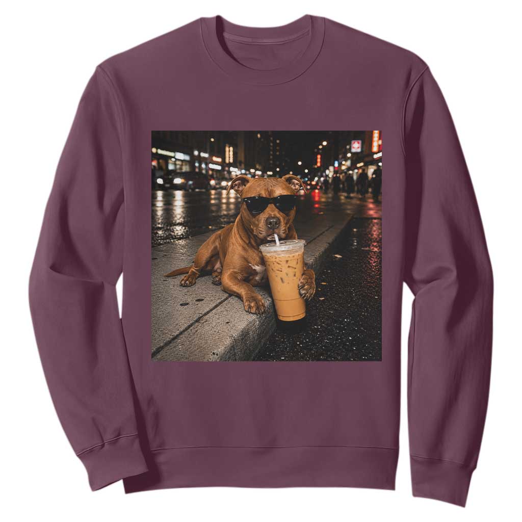 Funny Pitbull Drinking Iced Coffee Sweatshirt Vintage Pittie Dog Lovers Meme