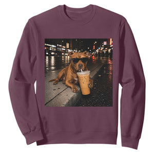 Funny Pitbull Drinking Iced Coffee Sweatshirt Vintage Pittie Dog Lovers Meme