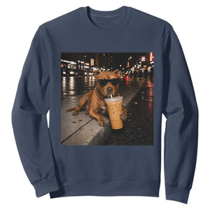 Funny Pitbull Drinking Iced Coffee Sweatshirt Vintage Pittie Dog Lovers Meme