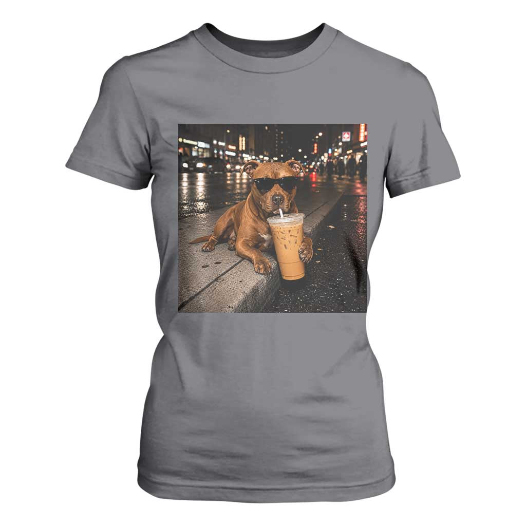 Funny Pitbull Drinking Iced Coffee T Shirt For Women Vintage Pittie Dog Lovers Meme