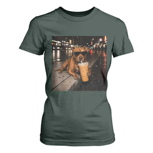 Funny Pitbull Drinking Iced Coffee T Shirt For Women Vintage Pittie Dog Lovers Meme