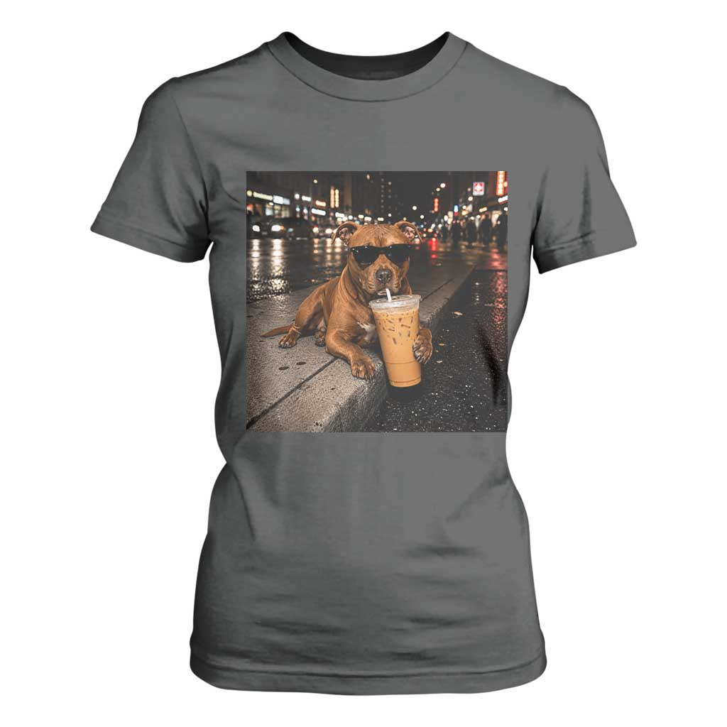 Funny Pitbull Drinking Iced Coffee T Shirt For Women Vintage Pittie Dog Lovers Meme