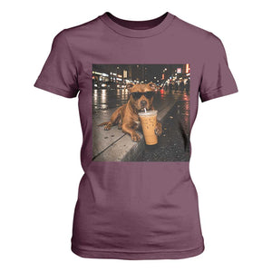Funny Pitbull Drinking Iced Coffee T Shirt For Women Vintage Pittie Dog Lovers Meme