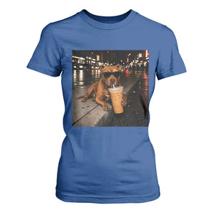 Funny Pitbull Drinking Iced Coffee T Shirt For Women Vintage Pittie Dog Lovers Meme