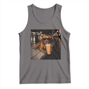 Funny Pitbull Drinking Iced Coffee Tank Top Vintage Pittie Dog Lovers Meme