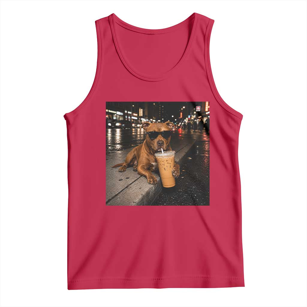 Funny Pitbull Drinking Iced Coffee Tank Top Vintage Pittie Dog Lovers Meme