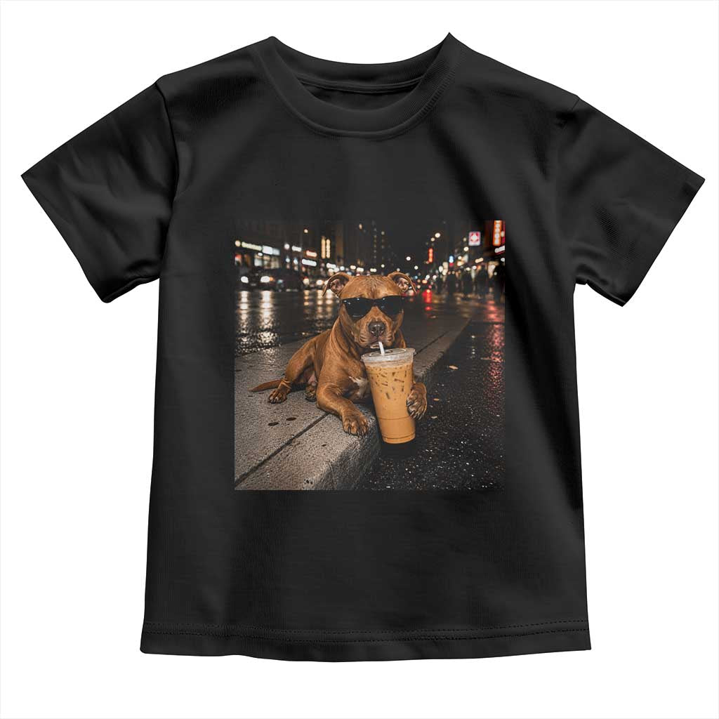 Funny Pitbull Drinking Iced Coffee Toddler T Shirt Vintage Pittie Dog Lovers Meme