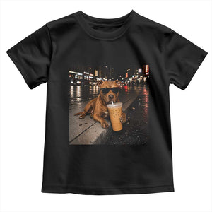 Funny Pitbull Drinking Iced Coffee Toddler T Shirt Vintage Pittie Dog Lovers Meme