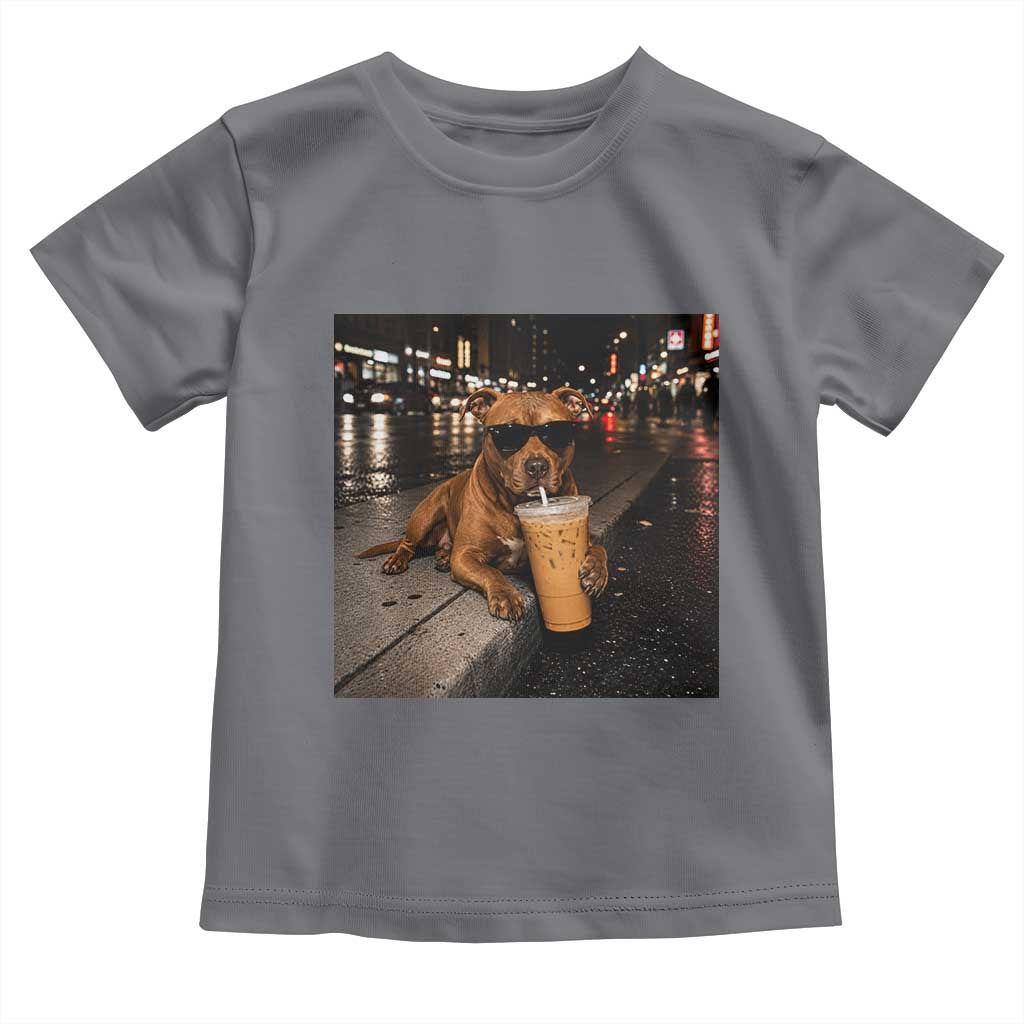 Funny Pitbull Drinking Iced Coffee Toddler T Shirt Vintage Pittie Dog Lovers Meme