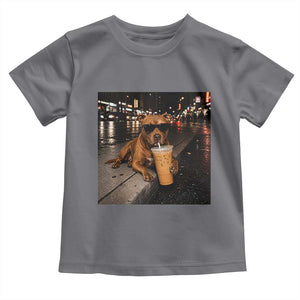 Funny Pitbull Drinking Iced Coffee Toddler T Shirt Vintage Pittie Dog Lovers Meme