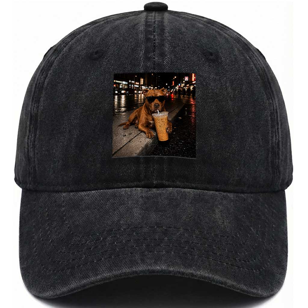 Funny Pitbull Drinking Iced Coffee Washed Cotton Baseball Cap Vintage Pittie Dog Lovers Meme TS10 Print Your Wear