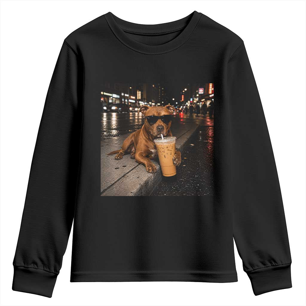 Funny Pitbull Drinking Iced Coffee Youth Sweatshirt Vintage Pittie Dog Lovers Meme TS10 Black Print Your Wear