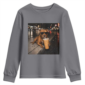 Funny Pitbull Drinking Iced Coffee Youth Sweatshirt Vintage Pittie Dog Lovers Meme