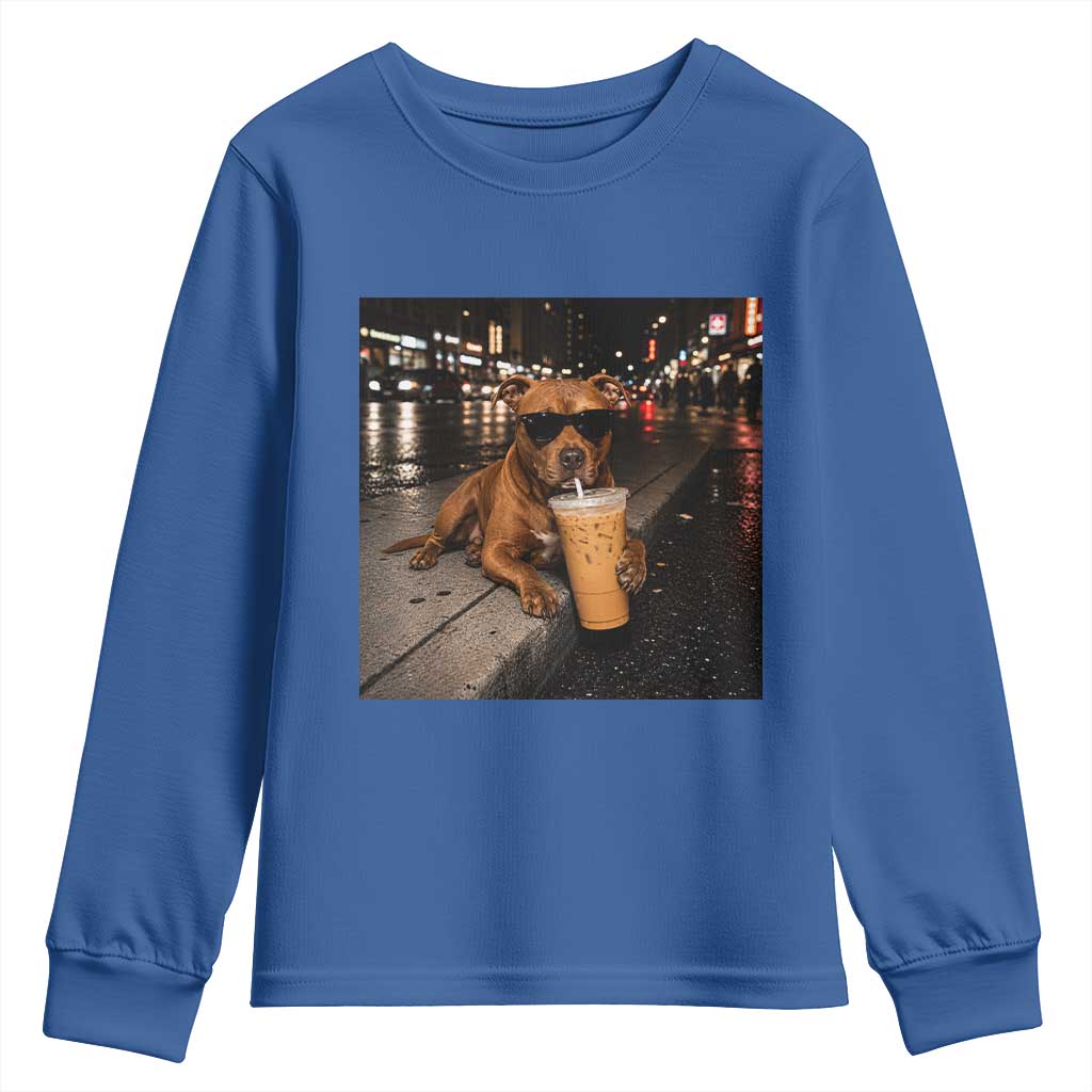Funny Pitbull Drinking Iced Coffee Youth Sweatshirt Vintage Pittie Dog Lovers Meme