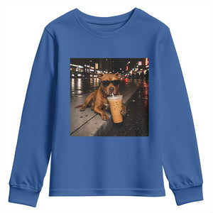 Funny Pitbull Drinking Iced Coffee Youth Sweatshirt Vintage Pittie Dog Lovers Meme