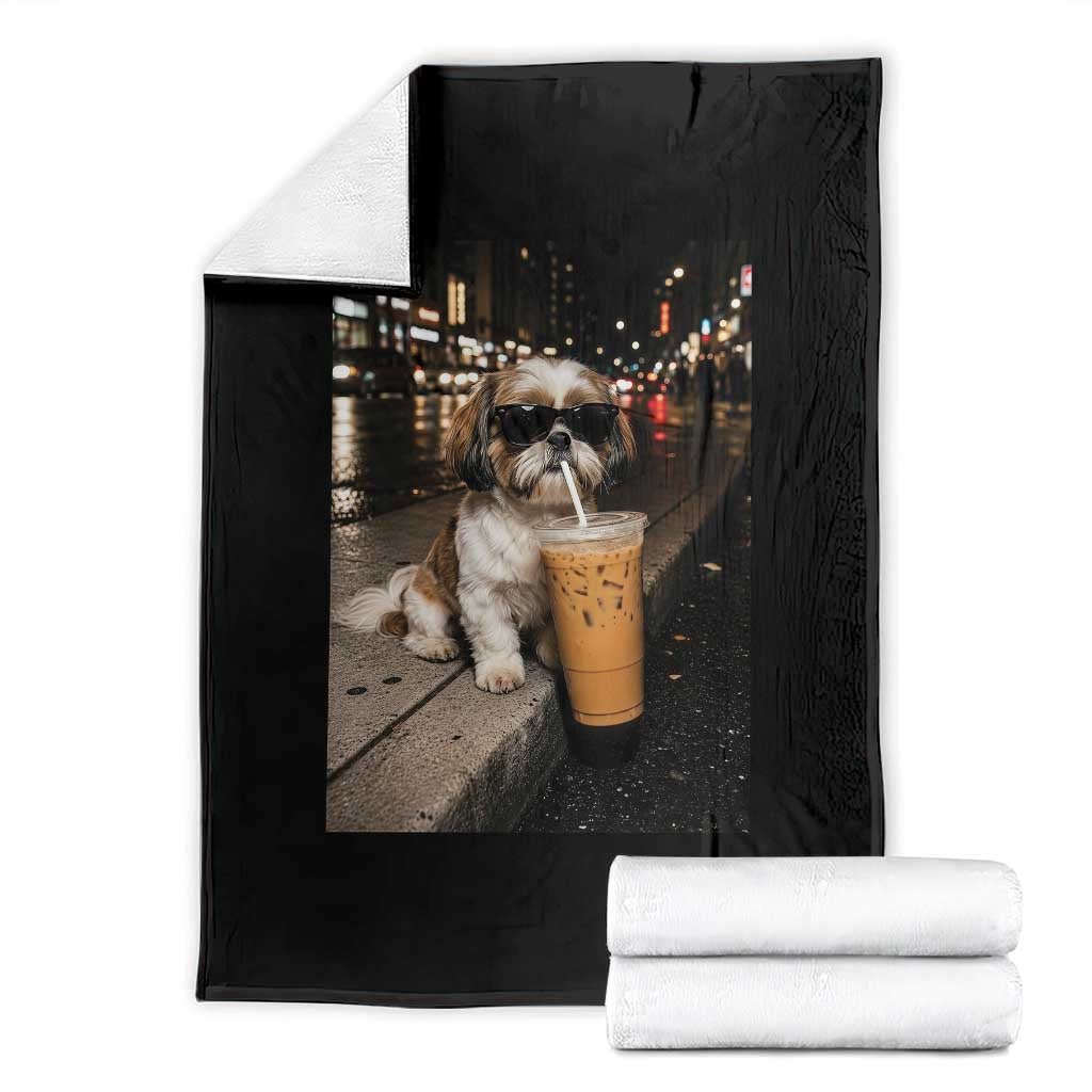Funny Shih Tzu Drinking Iced Coffee Throw Blanket Vintage Dog Lover TS10 Black Print Your Wear
