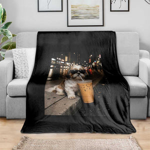 Funny Shih Tzu Drinking Iced Coffee Throw Blanket Vintage Dog Lover